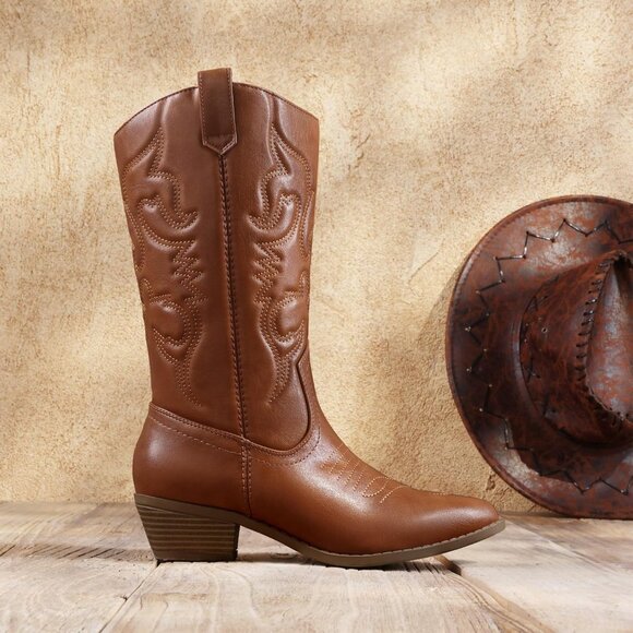 DREAM PAIRS Womens Tan Cowboy Boots Wide Calf Knee High Boots Ladies - Picture 2 of 7